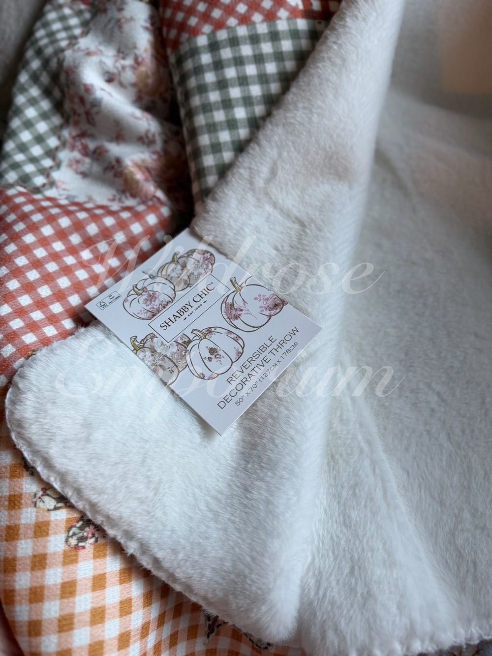 Shabby Chic farmhouse Harvest Pumpkin patchwork fall Chenille Faux Fur throw NWT - Picture 3 of 9